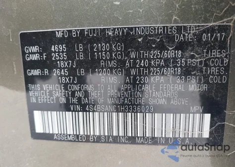 2017 Subaru Outback 2.5I Limited z USA, uszkodzony, nr VIN 4S4BSANC1H3336029